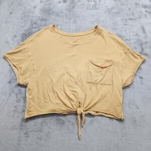 Aerie OFFLINE Top Womens S Tan Nutmeg Tie Front Cropped T-Shirt Rolled Cuffs Hem